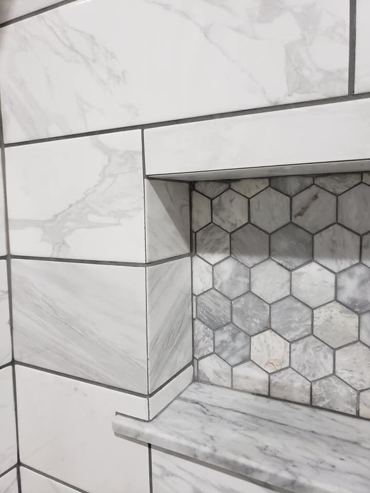Shower tilework in remodeled bathroom